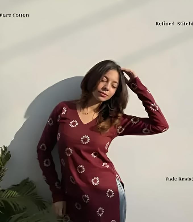 Image of Rayon Short Kurti for Women |Maroon V Neck Casual Summer Kurti Top | Daily & Office Wear | Stylish Short Kurti for Jeans & Leggings