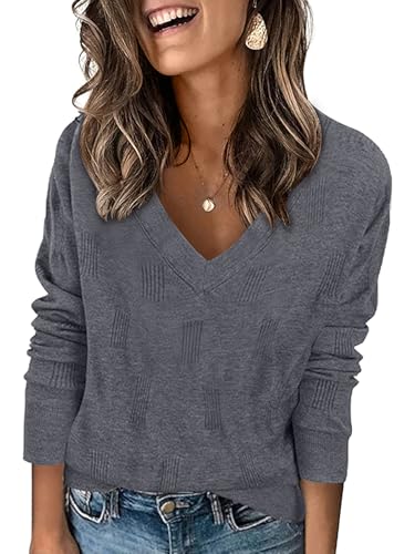 Image of Yincro Women V Neck Long Sleeve Soft Sweater Knit Casual Pullover Top