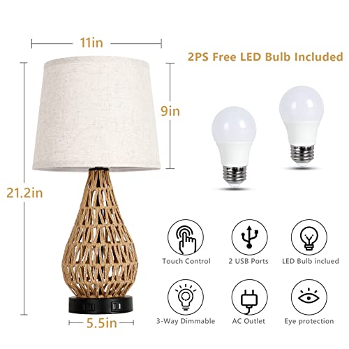 Touch Control Table Lamps Set Of 2 - Rattan Bedside Lamps With 2 Usb Ports And Ac Outlet, 3-Way Dimmable Nightstand Desk Lamp, Farmhouse Boho Table Lamps For Bedroom Living Room, 2 Led Bulbs Included #TOP2