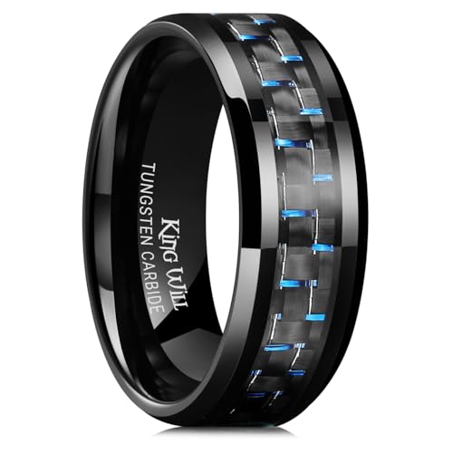 King Will 8mm Mens Tungsten Wedding Rings Carbon Fiber Plaid Inlaid Polished