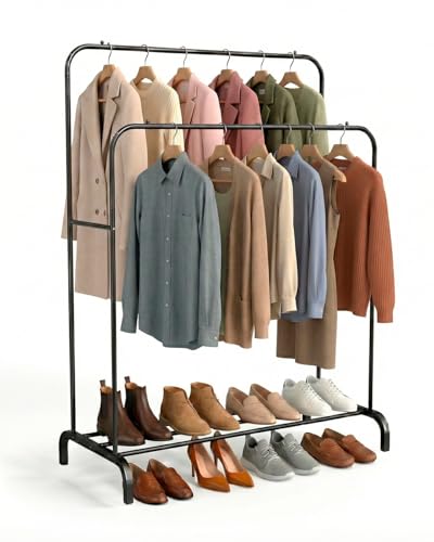 unycos - Burro de Ropa, Perchero con Doble Barra | 110x54x(130 y 148) cm | Colgador de Hierro Robusto con Soporte para Zapatos, Organizador de Dormitorio, Vestidor Abierto, Montaje Fácil (Negro Mate)