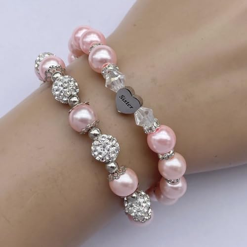 Image of DOLON 2 Pcs Imitation Pink Pearls Crystal Beads Heart Charm Bracelets Gift for Granddaughter,Sister,Daughter with Graduation Birthday Christmas First Day Wish Card