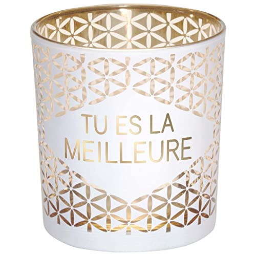 Draeger Paris – Portavelas con Mensaje TU ES LA MEILLEURE, Cristal Blanco y Dorado, 8 x 7,5 cm