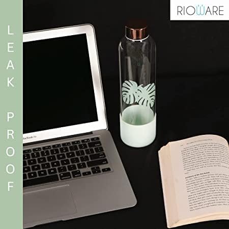 Image of Rioware Purifa Borosilicate Glass Water Bottle With Silicon Sleeve (750Ml) | Airtight Lid | Leak Proof | Golden Cap | Fridge Water Bottles For Home, Office & Gym (Green, 750 Ml- Pack Of 01)