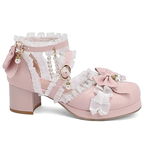 LUXMAX Women Lolita Kawaii Shoes Chunky Heel Mary Janes Ankle Strap Lace Pumps Bow Cute Block Heel Rockabilly Shoes2