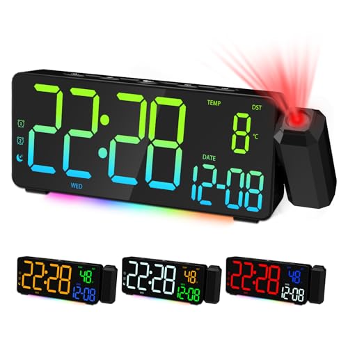 Despertador de Proyección Reloj Digital LED con Proyección para Dormitorio con Gran Pantalla Proyector 180°Cargador Puerto USB 12/24H DST Snooze Iluminación Ambiental RGB 2 Alarma Temperatura Fecha