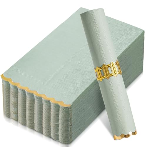 50 Sage Green Paper Napkins Decorative, Gold Foil Scalloped Edged Guest Napkins Disposable, Dinner Napkins for Wedding, Shower Baby, Birthday Parties Supplies(4 x 8 In, Sage Green)