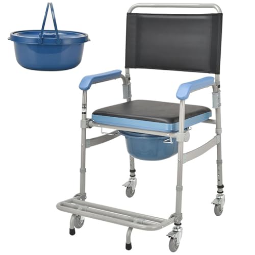 HAVVMK Silla de baño móvil con Ruedas y Asiento Acolchado, Inodoro de Noche para Personas Mayores con Ruedas y reposapiés extragrandes y ampliables, Silla de Transporte con Altura ajustab