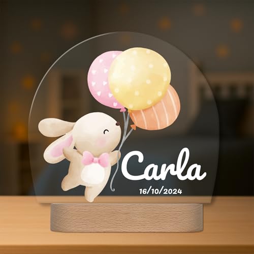 Lámpara Infantil Personalizada con Nombre y Fecha - Luz Quitamiedos LED - Regalo Bebé Recién Nacido, Bautizo o Cumpleaños - Decoración Infantil (Conejo-globos)