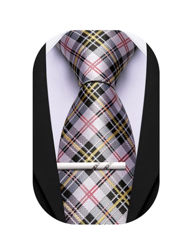 Image of Barry.Wang Plaid Ties Mens Silk Necktie and Tie Clip Checkered Tie for Wedding Party Business Formal