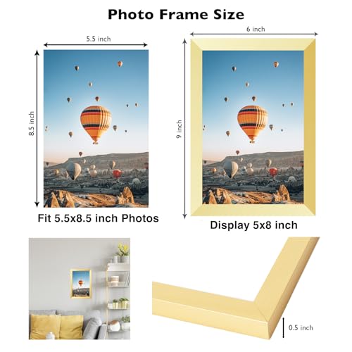 Image of JCJMY 5.5x8.5 Picture Frame Gold for Wall Hanging or Tabletop, Wall Mounting Horizontally or Vertically, 5.5 x 8.5 Wall Gallery Poster Photo Frame with Shatter Resistant Plexiglass, Gold