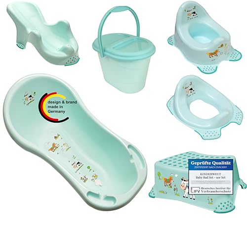 KiNDERWELT Baby Bad Set - 6er Set Funny Farm aqua für Babys - Badewanne, Badesitz, Topf, WC-Sitz, Hocker, Windeleimer, Ablaufschlauch
