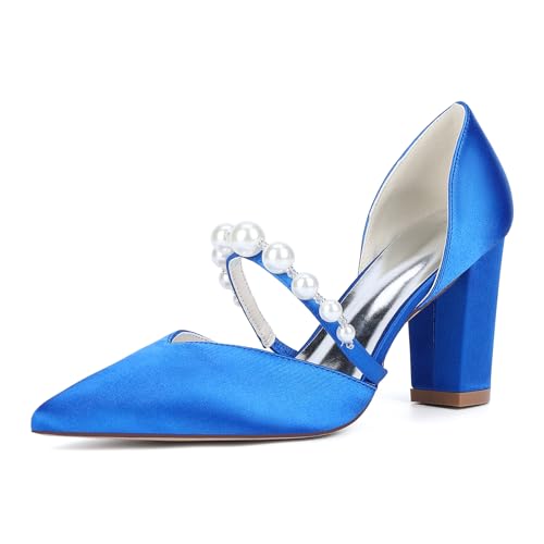 Women's Satin Bridal Shoes with Pearls Ankle Strap Block Heel Dress Pumps Pointy Toe Slip on Wedding Party Court Shoes