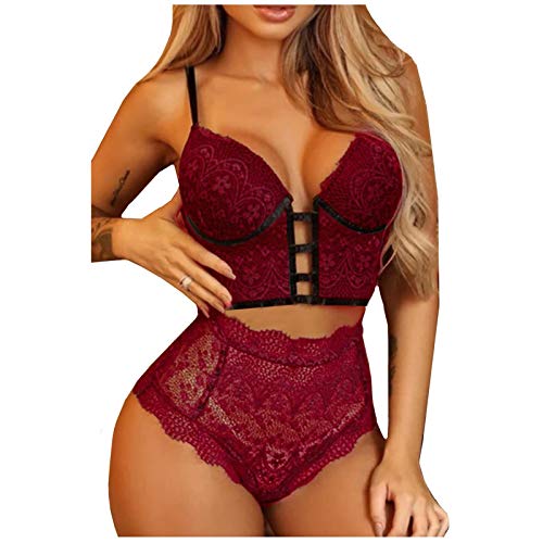 FABIURT Lingerie for Women for Sex Play,Lingerie Set for Women Lace Lingerie Babydoll Halter Sleepwear Soft Nightwear Wine