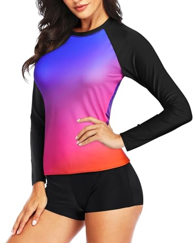Image of Daci Women Two Piece Rash Guard Long Sleeve Swimsuits UV UPF 50+ Swim Shirt Bathing Suit with Boyshort Bottom
