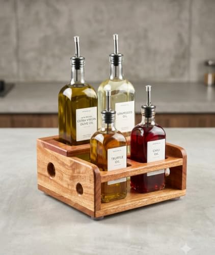 Image of WOODFARM Countertop Natural Wood /Wooden Rack /Stand for Oil Bottle /Dispenser, Seasoning Storage Holder /Organizer - 4 Hole