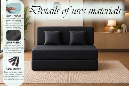 Image of Sofa Cum Bed with Jute Fabric, Convertible Two Seater Sofa Bed 4x6 Ft, Comfortable Cushioned Seating, Space Saving Design for Living Room, Bedroom & Guest Room - Black Color