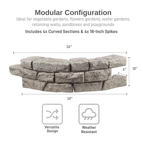 Image of RTS Home Accents Rock Lock Interlocking Landscape Edging and Border System, Curved Section With Spikes, 2.5 Feet Long (Pack of 4)