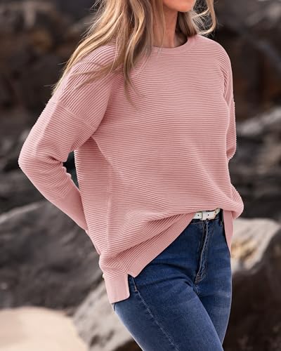 BTFBM Fall Sweaters for Women 2025 Casual Long Sleeve Sweater Striped Loose Fit Pullover Tops