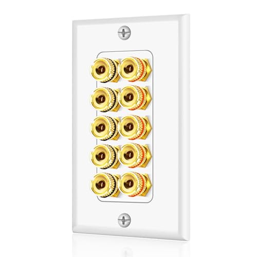 TNP Products Home Theater Wall Plate - Banana Plug Wall Plate, 5 Speaker Wire Wall Plate with Gold-Plated Terminals, Single Gang Audio Wall Plate, In-Wall Surround Sound Connection Plates, White