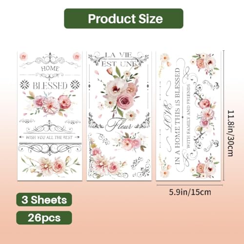 PLIGREAT 3 Blätter Retro Rub on Sticker für Möbel Transfers Aquarell Blumen Aufkleber für DIY Handwerk Holz Kleiderschrank Schublade Schranktür Tischstuhl Dekoration alte Möbel Renovierung Dekor