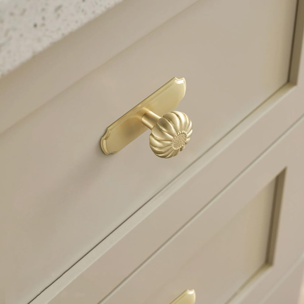 Solid Brass Cabinet Knob with Backplate, Brushed Brass Pumpkin Drawer Pull for Kitchen, Bathroom Handle, 2 Pack