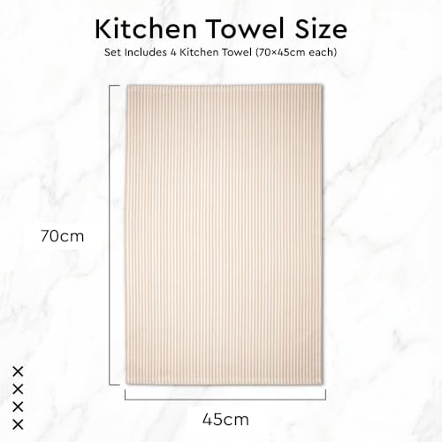 Image of Encasa XO Kitchen Towels Cotton Pack of 4 | 70x45 cm, Ticking Beige - Dish Cloths | Highly Absorbent Cleaning & Wiping Cloths for Kitchen | Reusable Tea Towels