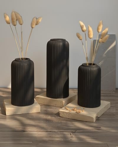 Image of KREATIVE ART'S Black Flower Vase for Living Room | Ceramic Vase for Home Decor | Home Decoration Items for Living Room & Hall | Black-Ceramic Vase Set of 3 - Modern Home Decor Items