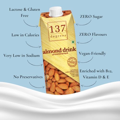 Image of 137 Degrees Almond Drink Unsweetened 1 Litre - Non Dairy , Vegan, Lactose Free, Gluten Free (Pack of 2), Pale Brown
