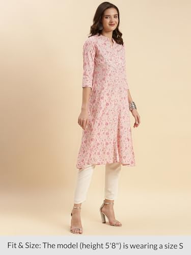 Image of rangita Peach Rayon Calf Length Printed A-line Kurti for Women | Kurta for Women