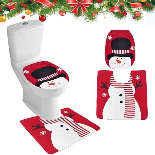 Figarge Juego de inodoro de Navidad, decoraciones navideñas, Santa Claus, cubierta de inodoro, decoración de baño, cojín de inodoro de Navidad para tapa, suelo, inodoro (muñeco de nieve)