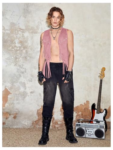 Image of Verdusa Men's Sleeveless V Neck Studded Detail Fringe Trim Open Front Vest Jacket Pink Small