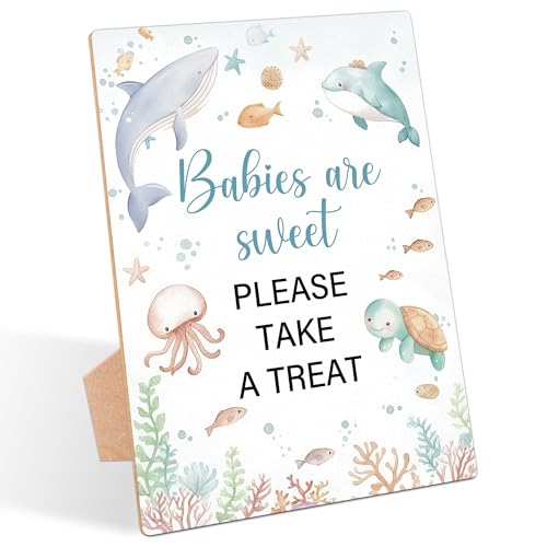 Image of Under The Sea Baby Shower Table Sign, Babies Are Sweet Please Take a Treat Sign, Pack of 1 Wooden Tabletop Sign with Stand, Sea Creatures Baby Shower Supplies, Gender Reveal Party Decorations - RG43