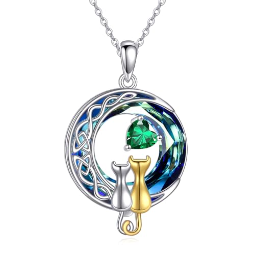 Collier chat cristal argent 925 pendentif pierre de naissance couple femme