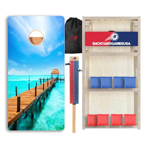 CornholeGamesUSA Pro Cornhole Boards Set | Made in USA | 3/4 Baltic Birch | No Bounce | Triple Thick Legs | Two Brace & Handles, Tournament 2x4 Regulation Set with Score Tower & Cornhole Bags