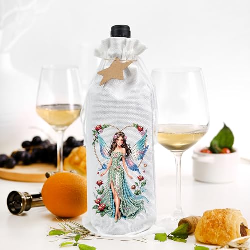 Image of DIY 5D Diamond Painting Gift Wrap, Special Shaped Diamond Art Linen Cover for Champagne Bottles, Party Supplies for Christmas Wedding Birthday Holiday (Butterfly Fairy)