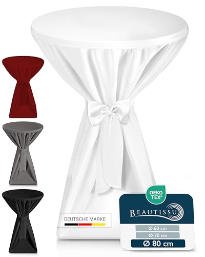 Beautissu Premium Stehtischhussen 80 cm Blickdicht Weiß – Tischhussen für Stehtische 80 cm rutschfest Bügelfrei & Waschbar Stehtischüberzug Schleifenband – Husse für Stehtisch Bistrotisch