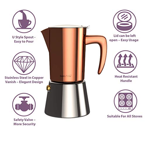 bonVIVO Intenca Stovetop Espresso Maker - Luxurious Italian Coffee Machine Maker, Stainless Steel Espresso Maker Full Bodied Coffee, Espresso Pot For 3-4 Cups, 6.8 oz Moka Pot Copper Chrome Finish