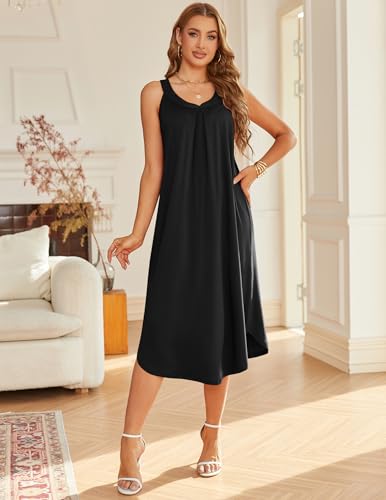 Ekouaer Sleeveless Nightgowns for Women Long Night Gown Pleated Full Length Sleepwear Tank Sleep Dress Slit Dress S-2XL2