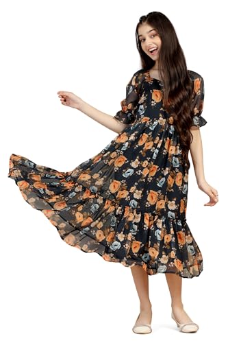 Image of Fashion Dream Girl's Organza Floral Printed Calf Length Dress|Western Dress|Kids Dress|Fancy Dress