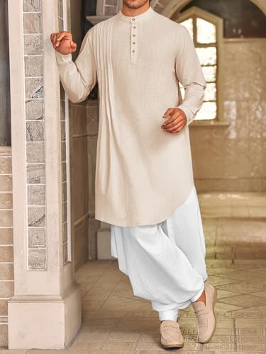 Runcati Mens Kaftan Thobe Cotton Linen Henley Shirt Long Sleeve Robe Casual Muslim Gown Kurta4