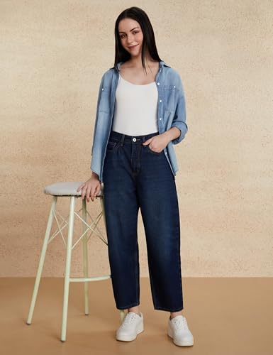 Image of Amazon Brand - Symbol Women's Barrel Fit Denim Jeans | Tapered Balloon | High Rise | Ankle Length (Available in Plus Sizes)