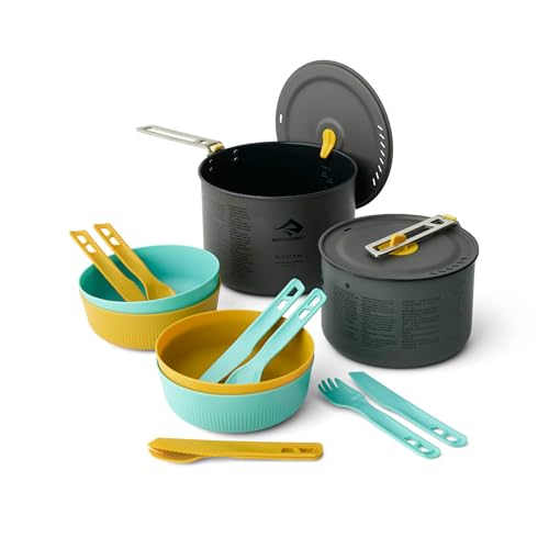 Sea to Summit - Frontier Ultralight Two Pot Cook Set - 4 People, 14 Piece - 2L & 3L Non-Stick Pots + Strainer Lid + 4 Bowls, Knives, Sporks - BPA-Free - Hard Anodised Alu Camping Cookware - 867g