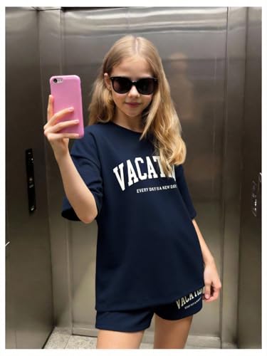 Image of Verdusa Girl's Tracksuit Sets 2 Piece Outfits Letter Print Vacation Tee Top and Drawstring Waist Shorts