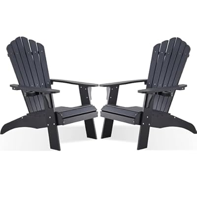 Psilvam Adirondack Chair, Oversized Poly Lumber Fire Pit Chair with Cup Holder, 350Lbs Support Patio Chairs for Garden, Weather Resistant Outdoors Seating, Relaxing Gift for Father & Mother (2, Black)