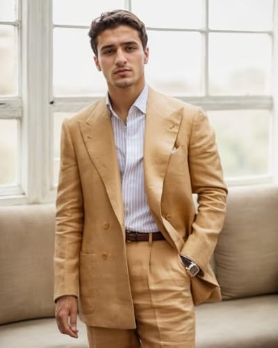 Linen Suits for Men Wedding Double Breasted Suit Men Regular Fit Tuxedos 2 Piece Light Weight Blazer Pants for Beach4
