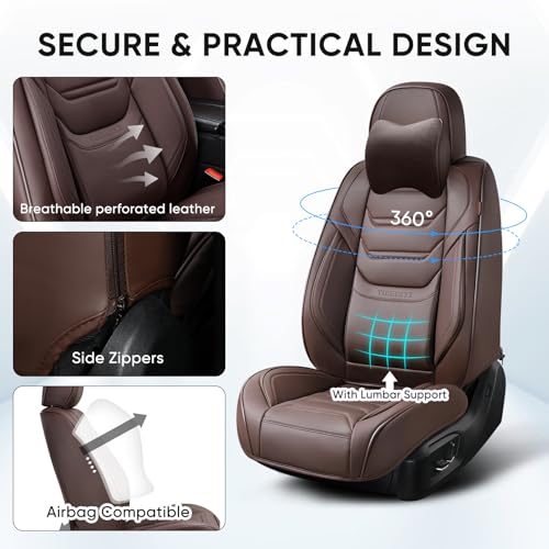 Image of TIEHESYT Mature Brown Car Seat Covers, Breathable Faux Leather, Universal Fit, Front Pair with Headrest, Compatible with Most Vehicles