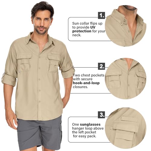 Mens Safari Shirts Long Sleeve UV Protection Hiking Fishing UPF 50+ Quick Dry Camping Travel Shirts4