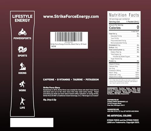 Image of Strike Force Energy Drink Mix - Black Cherry Flavor - Natural Tasting Caffeine Drink - Turn Any Drink into a Healthy Energy Drink - Zero Calories, Keto Friendly, Sugar Free, Pre Workout (30 Liquid Packs)