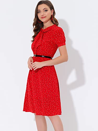Image of Allegra K Women's Peter Pan Collar Tie Neck Short Sleeves A-Line Elegant Belted Vintage Floral Dress